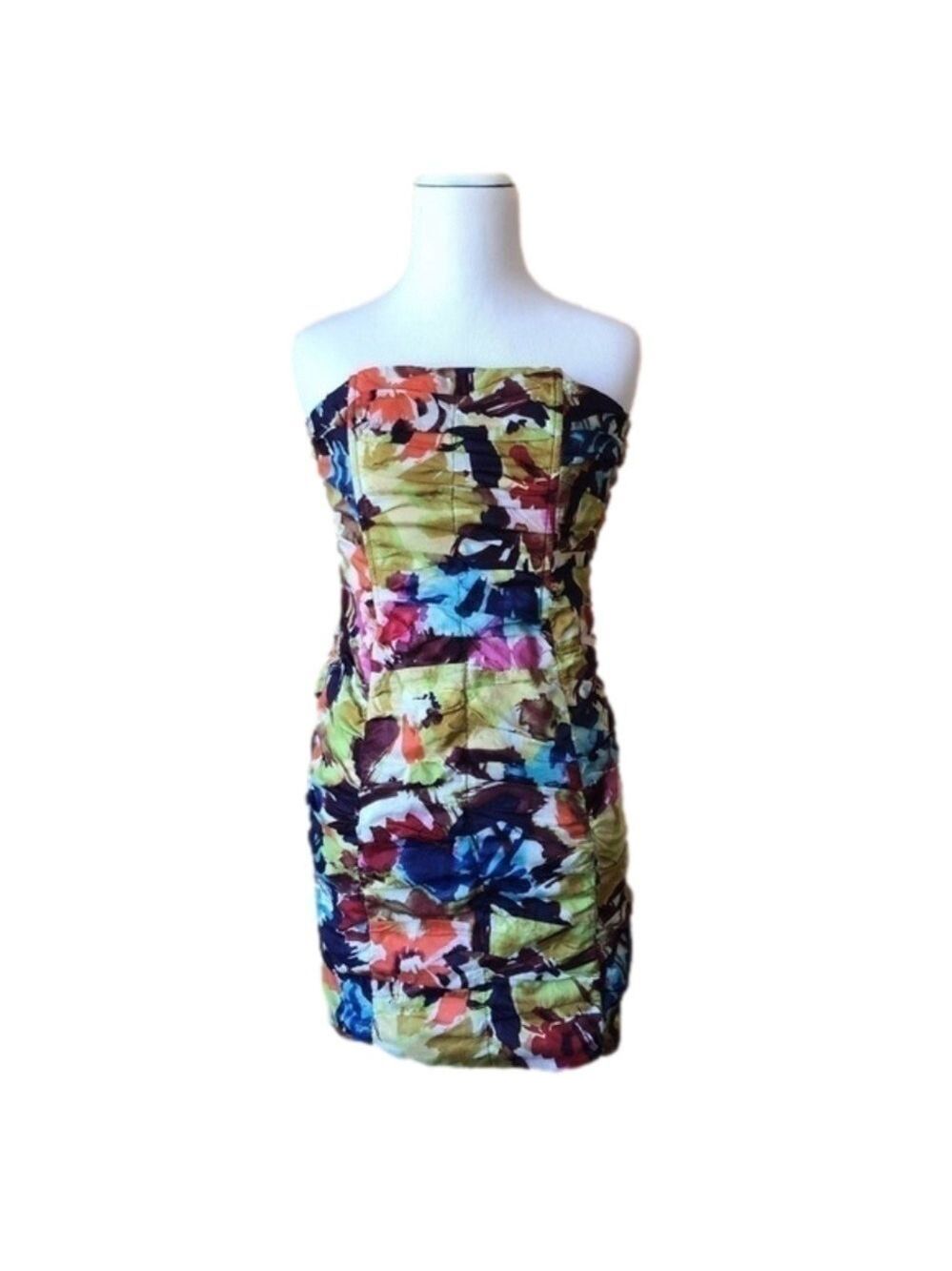 BB Dakota Ruched Abstract Floral Strapless Cotton Dress Size 4